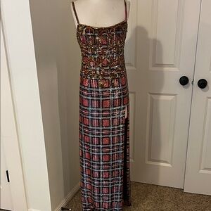 Escada Red Plaid Maxi Dress with Gold Sequined Bodice and sequins through out